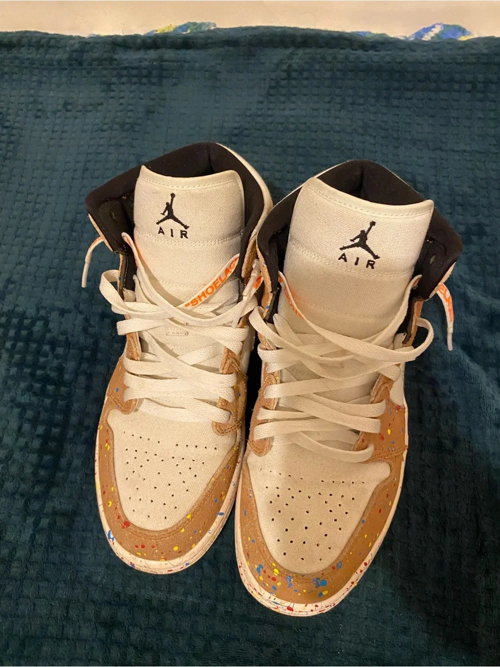 Jordan Men's Mid-Top Sneaker in White and Tan with Paint-Splatter